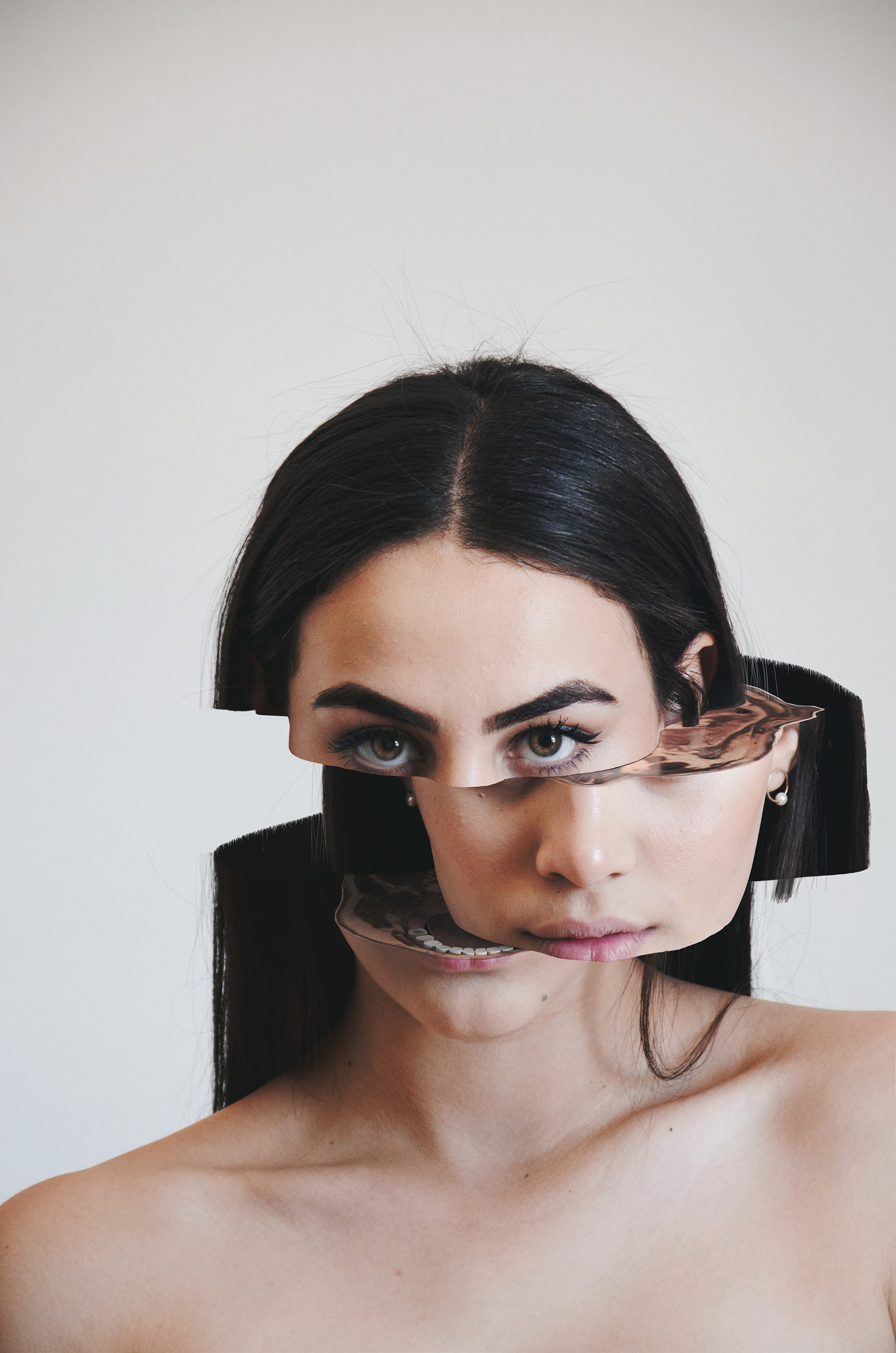 Valeria Cisneros's artistic portrayal of a female face is dissected into multiple layers each revealing a different perspective.